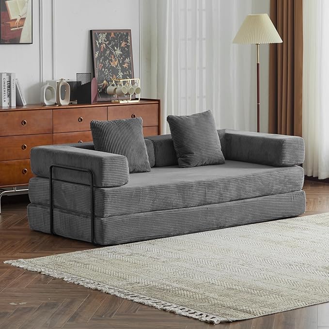 Folding Sofa Bed Modular Sectional Cloud Couch Convertible Sleeper Sofa Bed with Pillow Back Support Armrest for Living Room Bedroom Lounge No Assembly Required Corduroy (Dark Grey)