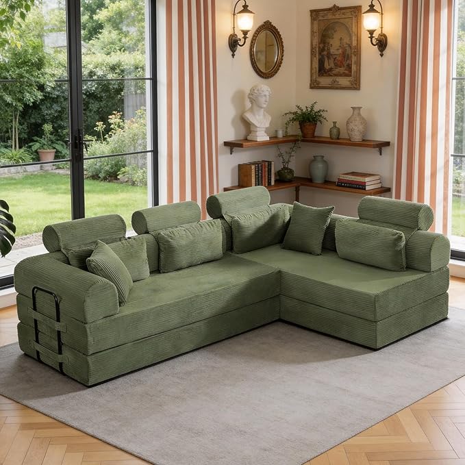 KEIKI 106 4Seat Modular Sectional Corduroy Sofa Couch for Zen Space Small Space Family Friendly Homeowners Warm Inviting Comfy Supportive Rest Space Elegant Premium Design Grayish Green