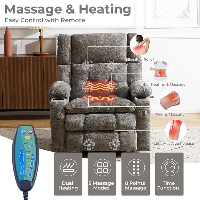Power Lift Recliner Chair for Elderly with Massage and Heat Dual Motor Electric Lift Chair with Arm Storage Lay Flat Recliner for Big and Tall Infinite Position Gray