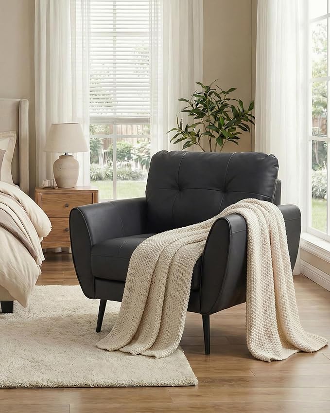 TYBOATLE Accent Chair Comfy Modern Living Room Chair Black Leather Reading Accent Chairs Tufted Mid Century Moden Arm Chair Small Salon Chair for Office Bedroom (1 Black)