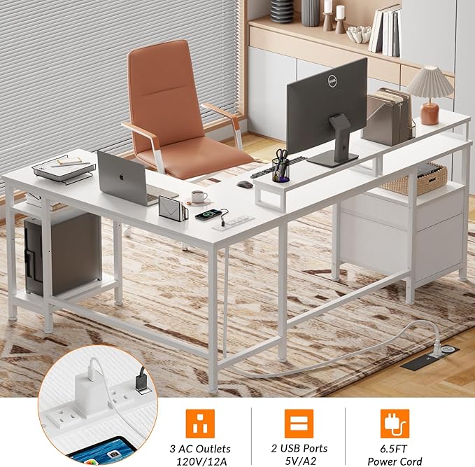 Furologee 66” L Shaped Desk with Power Outlet Reversible Computer Gaming Desk with File Drawer &amp 2 Monitor Stands for Home Office with Storage Shelves White