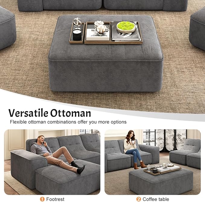 143.7 Modern Modular Sofa Set Sectional Couches for Living Room Boneless L Shaped Sofa with Movable Ottoman Oversized Couches Sparkling Chenille Fabric (Grey 5 Seat)