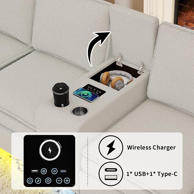 Sectional Couches for Living Room 6 Seat Sectional Sofa with Bluetooth Speaker/RGB Light/Charging Station Teddy Fleece U Shaped Couch with Storage Ottoman and Reversible Chaise Lounge - White