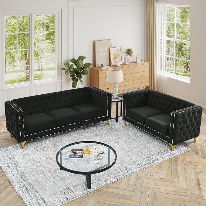 Chesterfield Sofa Set of 2 Modern Velvet Couch with Button Tufted &amp Nailhead Trim Upholstered Deep Seat Couch Comfy Sofa for Living Room Bedroom Apartment Office(58 W + 80.5 W Black)
