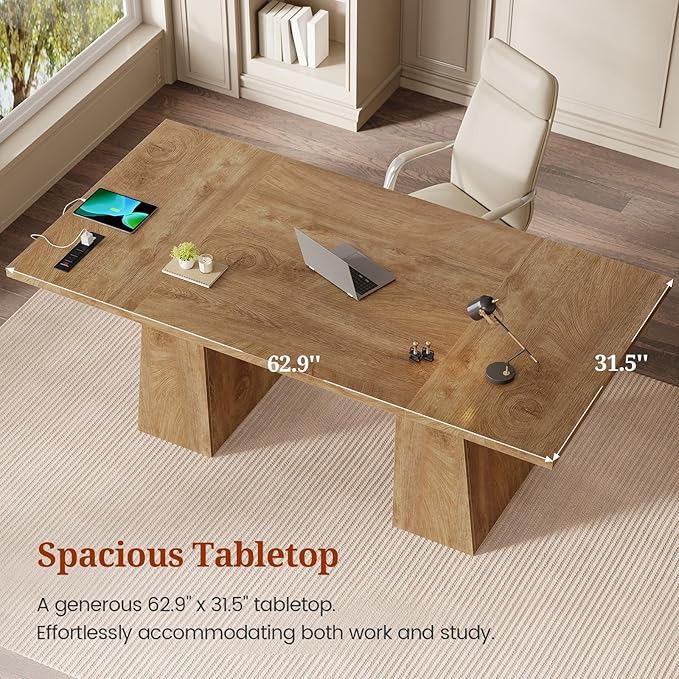 63 in Executive Desk with Power Outlets Modern Home Office Desk with Storage Cabinet Wood Computer Desk Business Workstation Desk Conference Table (Oak)