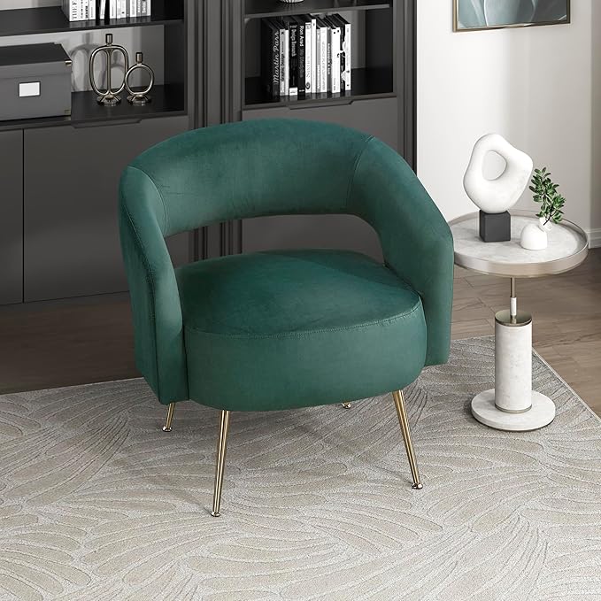 Lexicon Mid-Century Modern Velvet Accent Chair with Open Back Gold Metal Legs Upholstered Curved Barrel Armchair for Living Room/Bedroom/Office Easy Assembly Dark Green