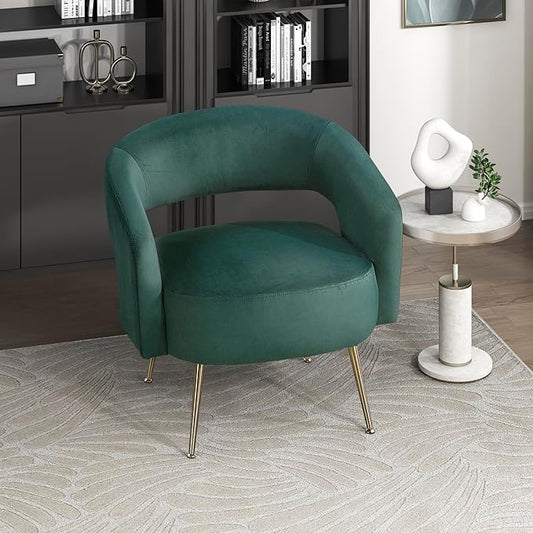 Lexicon Mid-Century Modern Velvet Accent Chair with Open Back Gold Metal Legs Upholstered Curved Barrel Armchair for Living Room/Bedroom/Office Easy Assembly Dark Green