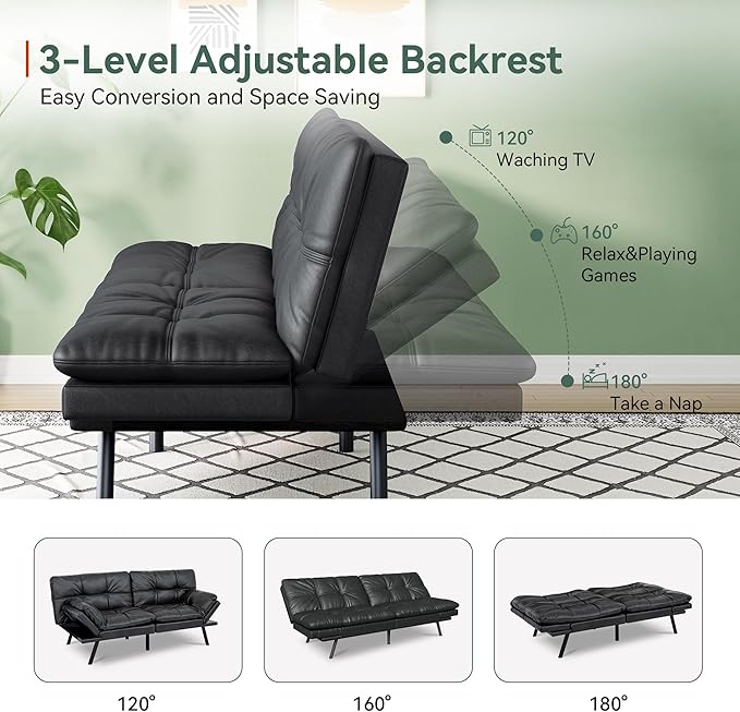Opoiar 71 L Covertible Futon Sofa BedFaux Leather Futon Couch Memory Foam Modern Loveseat Sleeper Small Splitback Sofa Couches for Living RoomRVHome OfficeApartmentMatte Black