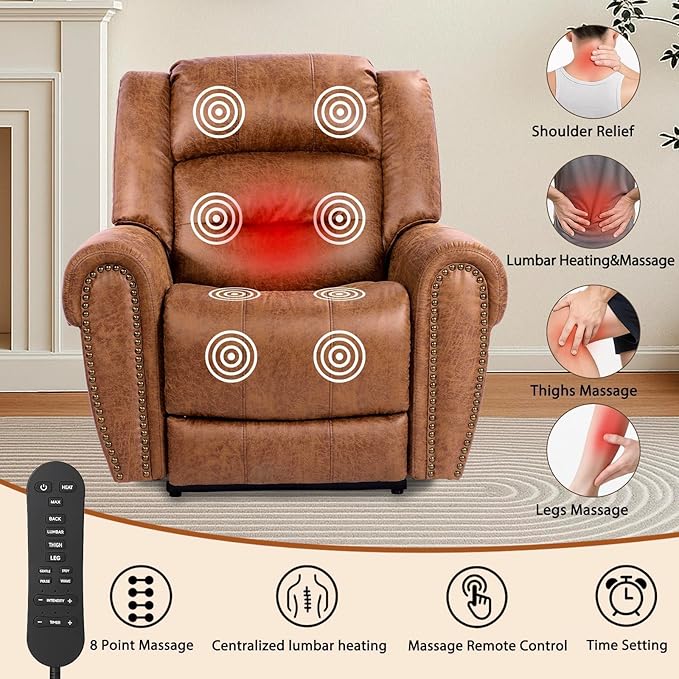 EONIX Classical Large Power Lift Recliner Chair for Elderly with Heat and Massage Dual Motor Lay Flat Electric Lift Chair Recliner for Adults Living Room Bedroom SLRY005061 Nut Brown