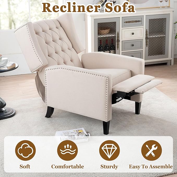 Wingback Recliner Chairs with Foldable Side Table&ampUSB Charging PortsMid Century Accent Single Sofa Small Recliner ChairModern Comfy Pushback Reclining Chair for Living Room (Fabric Beige)