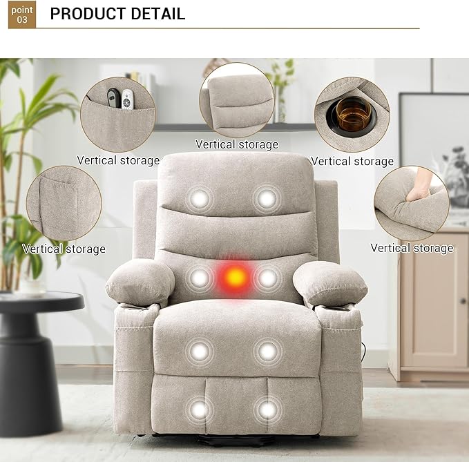 GAOMON Power Lift Recliner Chair for Elderly Oversize Electric Lift Recliner with Massage and Heat Single Sofa Seat with Cup Holders and Side Pocket for Living Room Beige
