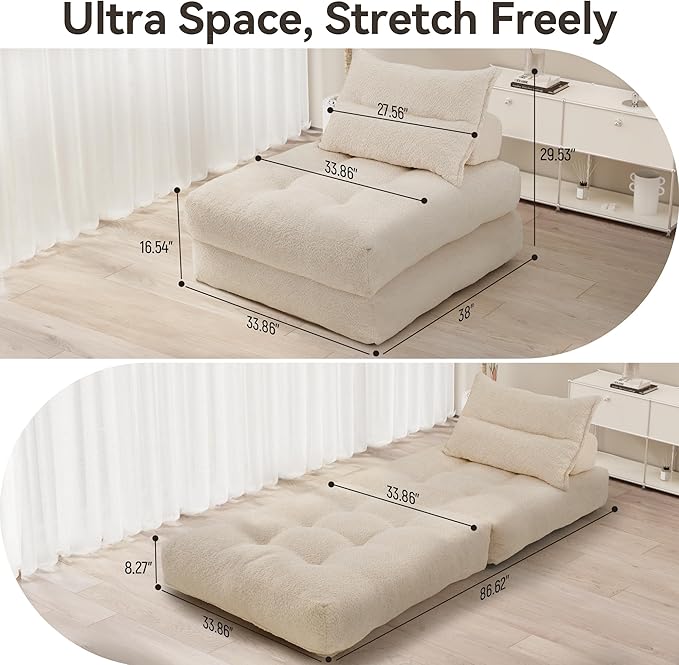 Folding Sofa Bed Fold Out Chair Bed with Pillow Convertible Sleeper Chair for Living Room/Small Spaces Foldable Lazy Sofa Bed Floor Chair Comfy Teddy Velvet Couch Bed Beige
