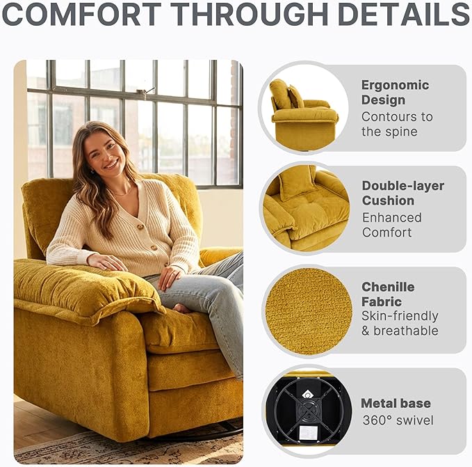 360° Swivel Accent Chair Oversized Plush Modern Chenille Armchair with Padded Seat &amp Back Comfy Spinning Chair for Living Room Bedroom Office (Yellow)