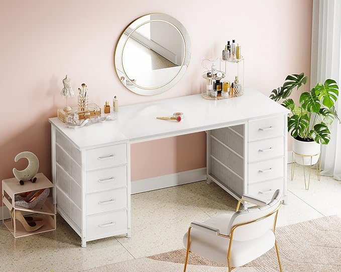 ODK 55 Inch Computer Desk with 8 Fabric Drawers Modern Office Desk with Large Storage for Home Office Study Gaming White