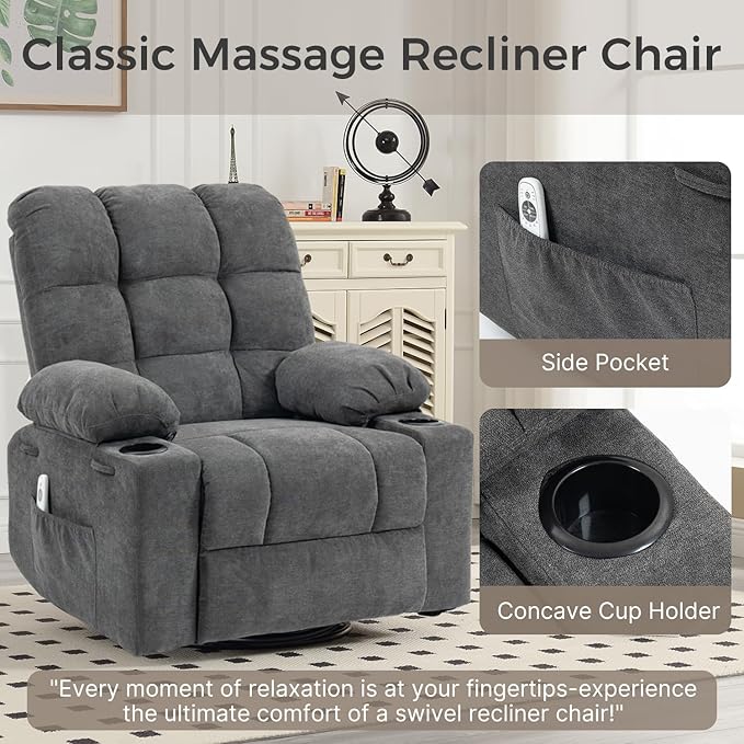 Massage Rocker Recliner Chair with Heat Oversized 360° Swivel Glider Manual Comfy Overstuffed Single Sofa with Cup Holders Side Pocket for Bedroom Living Room (Dark Gray)