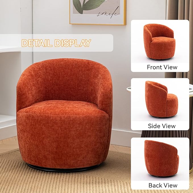 360 Degree Swivel Accent Chair Modern Barrel Vanity Chair with Back Comfy Single Circle Couch for Living Room Bedroom Reading Nook (Chenille Orange)