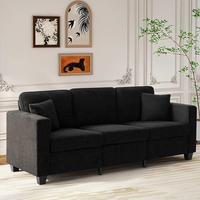 86.6 Inch Modern 3 Seater Sofa Couch for Living Room Sofa with Extra Deep Seats Armrests Soft Boucle Upholstery Couch for Living Room Bedroom Office Apartment Black