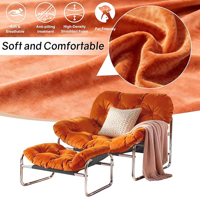 YOXIFOC Modern Style Recliner Armchair with Footrest Multifunctional Leisure Chair with Thickened Cushion and Phone Holder Suitable for Bedroom/Living Room Reading Chair/Garden/Patio (Orange)