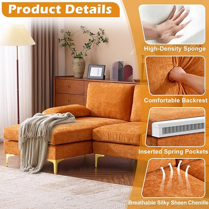 VINGLI 110 Sectional Couches for Living RoomU Shape Couch with Double Chaise 4-Seat Sofa Set with Chenille Fabric for Home FurnitureBurnt Orange