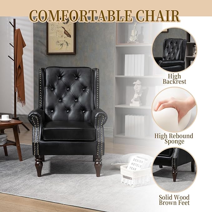Brown Leather Accent Chair with High Back Vintage Tufted Wingback Chair with Arms &amp Rivet Upholstered Armchair &amp Single Sofa Chairs for Living Room Bedroom Office Apartment (Black)