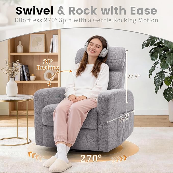 Power Swivel Recliner Chairs for Adults Electric Glider Rocking Chair Nursery Glider Recliner Nursery Chair with Classified Side Pocket Nursery Rocking Chairs with USB and Type-C Ports