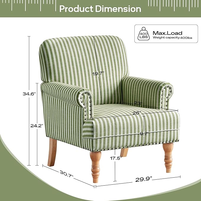 HUIMO Linen Fabric Accent Chair Mid-Century Modern Upholstered Armchair with Solid Wood Legs Comfy Reading Club Chair for Living Room Bedroom (2 Green and White Stripe)