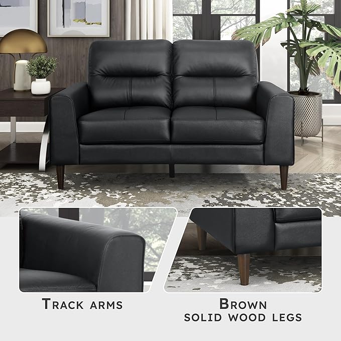 Lexicon Leather Match Loveseat Sofa Modern Couch Sofa Oversized Loveseat Solid Wood Legs Top Grain Leather 2 Seater Couch for Living Room Bedroom Office Apartment Waiting Room Black