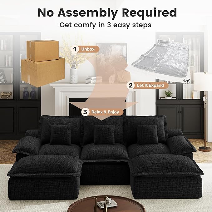 Modular Sectional Sofa 107'' Boneless Couches for Living Room 5-Seat Sofa with 2 Ottomans Cloud U Shaped Couch No Assembly Required Chenille Black