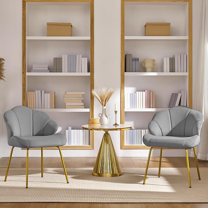 Yaheetech Vanity Chair Velvet Accent Chair with Shell-Shaped Backrest Modern Armchair with Gold Metal Legs for Dressing Room/Bedroom/Living Room Light Gray