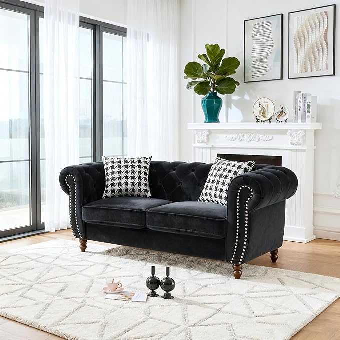 Loveseat Velvet Fabric Two- Seater Couch Buckle Design and Rivet Decoration Deep Seated Double Sofa Suitable for Living Room Bedroom Apartment Hotel etc (black-04)