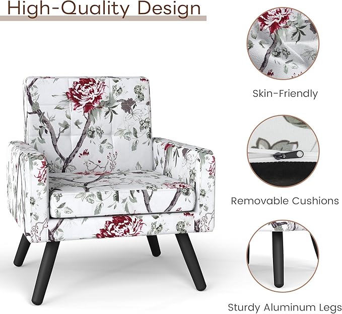 Accent Chair for Living Room Set of 2 Mid-Century Modern Comfy Upholstered Armchair with Large Seat Single Sofa Reading Chair 496 Lb. Weight Capacity for Bedroom Apartment Red Floral