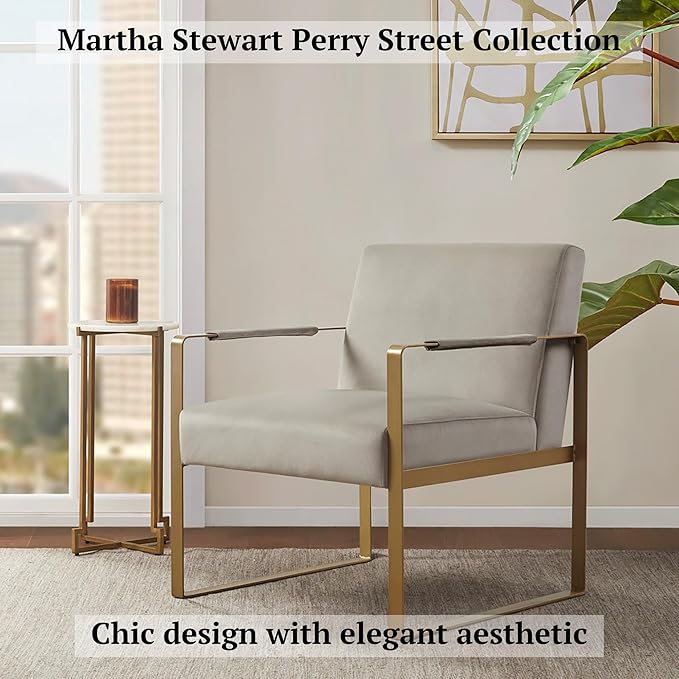 Martha Stewart Upholsterd Accent Chair Living Room Furniture-Modern Design Comfortable Foam Seat Cushion Bedroom Lounge Sophisticated Finished Sturdy Frame 28.5 W x 29 D x 32.5 H Taupe/Gold