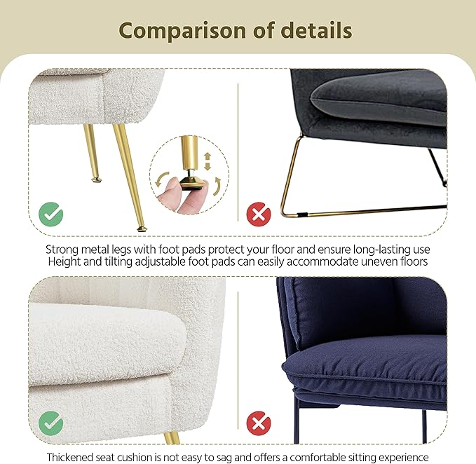 Yaheetech Accent Chair Modern Cozy Vanity Chair with Gold Metal Legs Boucle Fabric Armchair with Removable Seat Cushion for Living Room Bedroom Office Guest Room Ivory 2 pcs