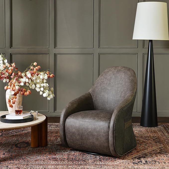 Two-Tone Leather Swivel Barrel Chair Accent Chair with Solid Wood Frame No Assembly for Living Room or Office (Dark Grey)
