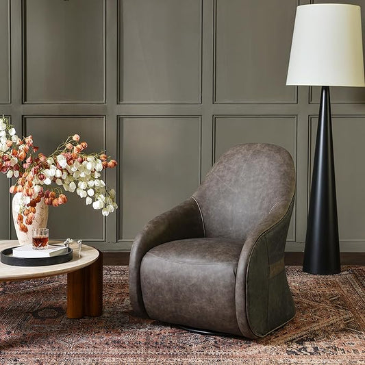 Two-Tone Leather Swivel Barrel Chair Accent Chair with Solid Wood Frame No Assembly for Living Room or Office (Dark Grey)