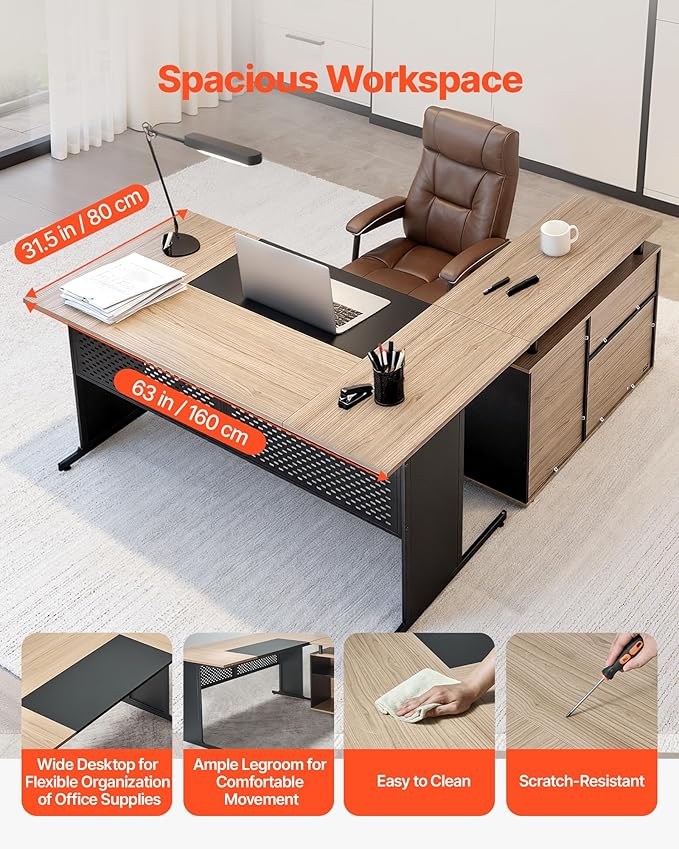 VEVOR 63 L-Shaped Executive Desk Large Office Desk with Drawers File Storage Cabinet Detachable 350 LBS Load Capacity Corner Table Easy Assembly Business Furniture Workstation for Home Office