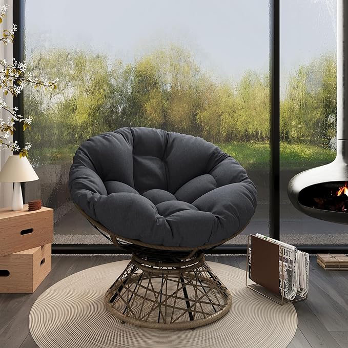 Oversized Papasan Chair with Adujusble Base Boho Reading Nook Chair with Thick Cushion for Adults Bedroom Living Room 360 Swivel (Black+Brown 40)