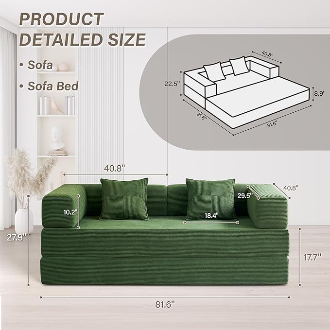 YINIX Foldable Sofa Bed 78'' Folding Floor Couch Compressed Convertable Sleeper Sofa Memory Foam Couch with Pillow Back Support Armrest 4-in-1 Futon Sofa Bed for Living Room Green