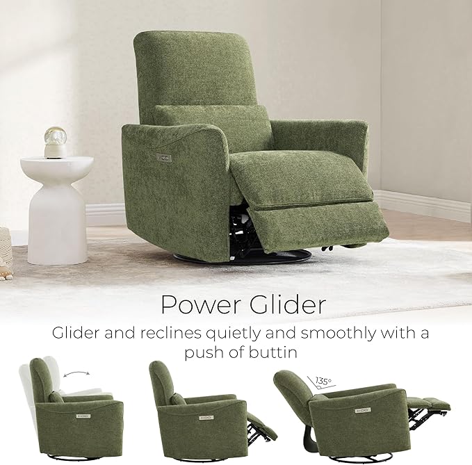 CHITA Power Recliner Chair Swivel Glider FSC Certified Upholstered Living Room Nursery Reclining Sofa Chair with Lumbar Support Green