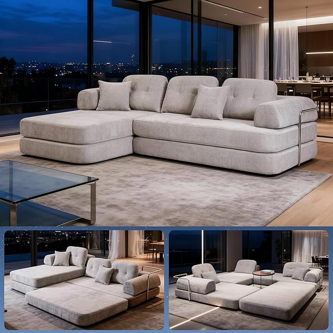104 Modular Sectional Sofa 8-in-1 Convertible Sleeper Couch with Pet-Friendly Chenille Fabric High-Density Foam Floor Seating for Living Room Apartment (Light Gray)