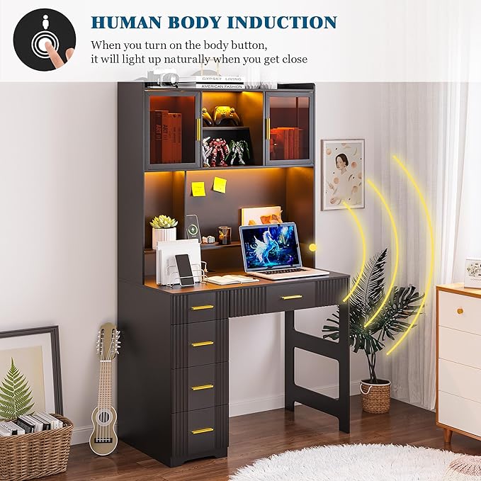 LED Study Desk with Hutch and Drawer Home Office Desk with Outlet Computer Desk with Charging Station Writing Desk for Bedroom Workstation for Small Space (Black)