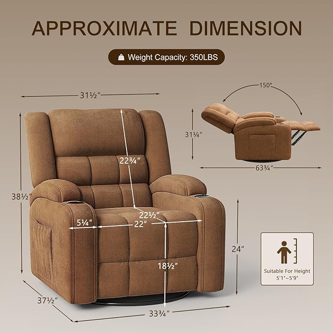 Furnimart 360° Swivel Rocker Recliner with Heat and Massage Manual Comfy Recliner Chair for Adult Chenille Glider Rocker Chaise Lounge for Living Room Bedroom Home Theater (Brown)