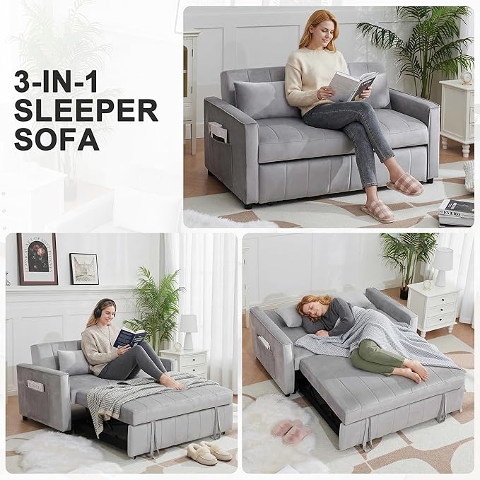 Kiztir Futon Sofa Bed 55.5 Small Loveseat Sleeper Sofa Comfy Velvet Pull Out Couch Bed with 3 Levels Adjustable Backrest and Side Pockets for Living Room Bedroom Apartment Small Spaces (A-Grey) |