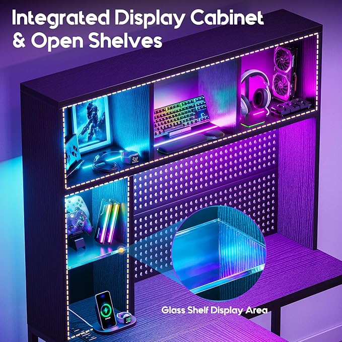 AODK 71 L Shaped Gaming Desk with Hutch Pegboard &amp Shelves L Shaped Desk with 4 Drawers Integrated LED Light Strip &amp Power Outlets Reversible PC Gaming Computer Desk Black