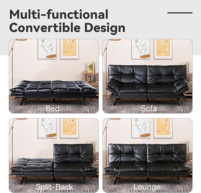 Black Faux Leather Futon Sofa Bed Memory Foam Futon Couch with Convertible Backrests &amp Armrests Small Splitback Loveseat Sofa for Living Room Home Office Apartment