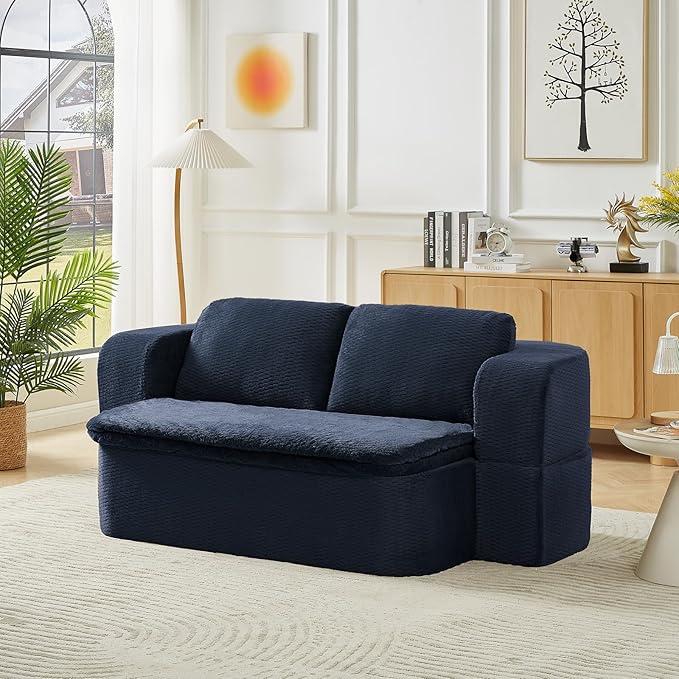 2-in-1 Convertible Sofa Bed 74.8 Memory Foam Boneless Couch Bed Full Size Love Seat Sleeper Sofa Floor Couch Loveseat with 2 Pillows for Living Room Bedroom Apartment Office No Assembly Blue