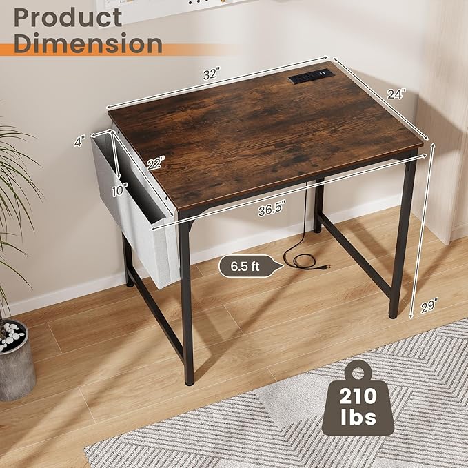 COSTWAY Home Office Desk 32 Inch Computer Desk with Recessed Power Strip Storage Bag &amp Headphone Hook Wide Desktop Modern Computer Workstation Writing Table for Home Office (Rustic Brown + Bl