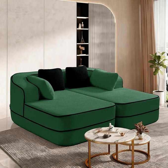 Double Chaise Lounge Chair Indoor Teddy Fabric Boneless Sofa Deep Recliner with 32D High-Resilience Foam Wide Arms for Home Theater ApartmentGreen