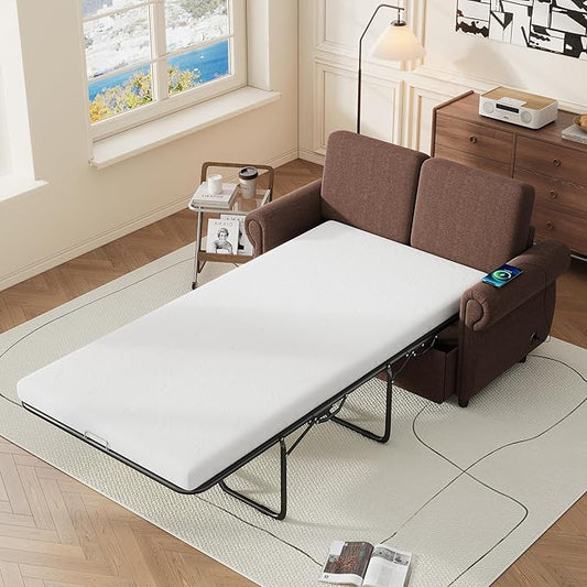 Pull Out Sofa Bed with Twin Size Memory Mattress 57.9 Linen Loveseat Sofa Sleeper Bed 2-in-1 Sleeper Sofa Bed Convertible Sofa for Living Room Small Spaces (Brown 072)