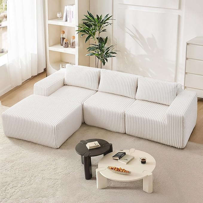 101 Cloud Couch Boneless Modular Sofa Compression Memory Foam Sectional Couches Comfy Corduroy L Shaped Sofas with Chaise Lounge for Living Room No Assembly Required (Beige 101in)